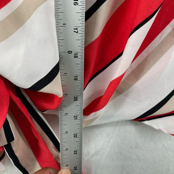 Halogen Wrap Blouse Women's Sz XS Coral Red White Striped Puff Sleeves Sheer - Picture 4 of 9